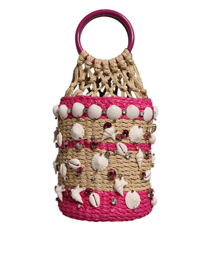 Dolce &amp; Gabbana Flerfarvet Bucket Raffia Muslingeskaller Krystaller Håndtaske