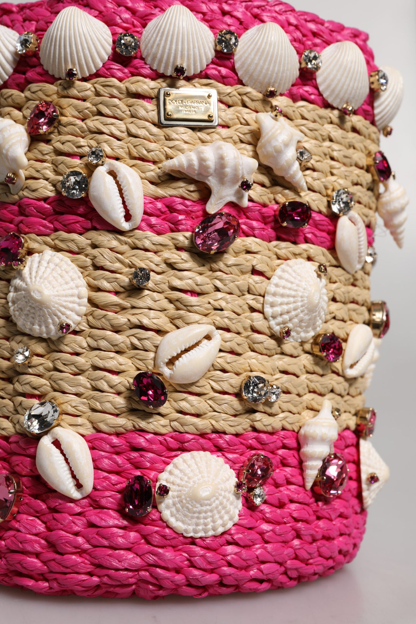 Dolce &amp; Gabbana Flerfarvet Bucket Raffia Muslingeskaller Krystaller Håndtaske