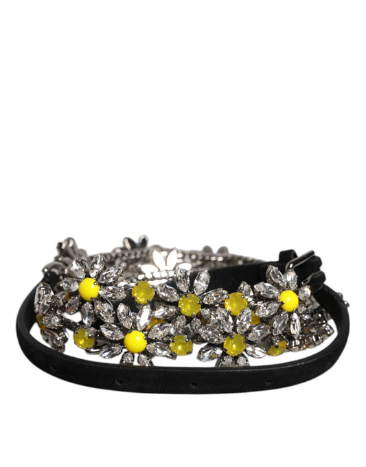 Dolce &amp; Gabbana sort læderbælte med krystaludsmykning og Daisy-motiv