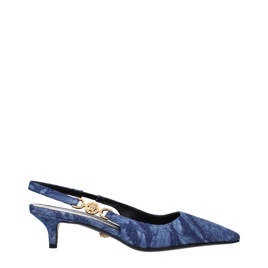 Versace Blue Fabric Flat Sandals