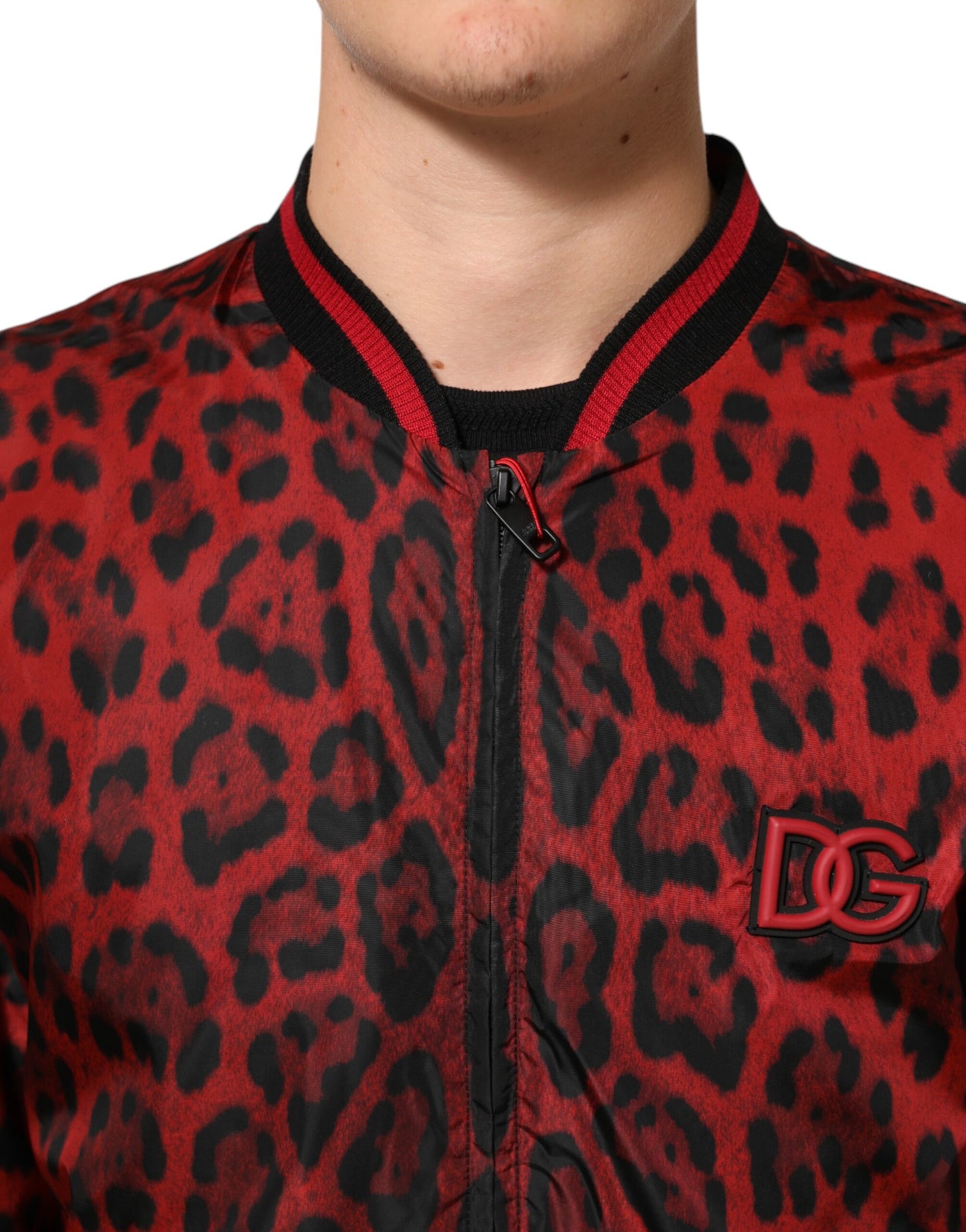 Dolce & Gabbana Red Leopard Print Full Zip Bomber Men Jacket